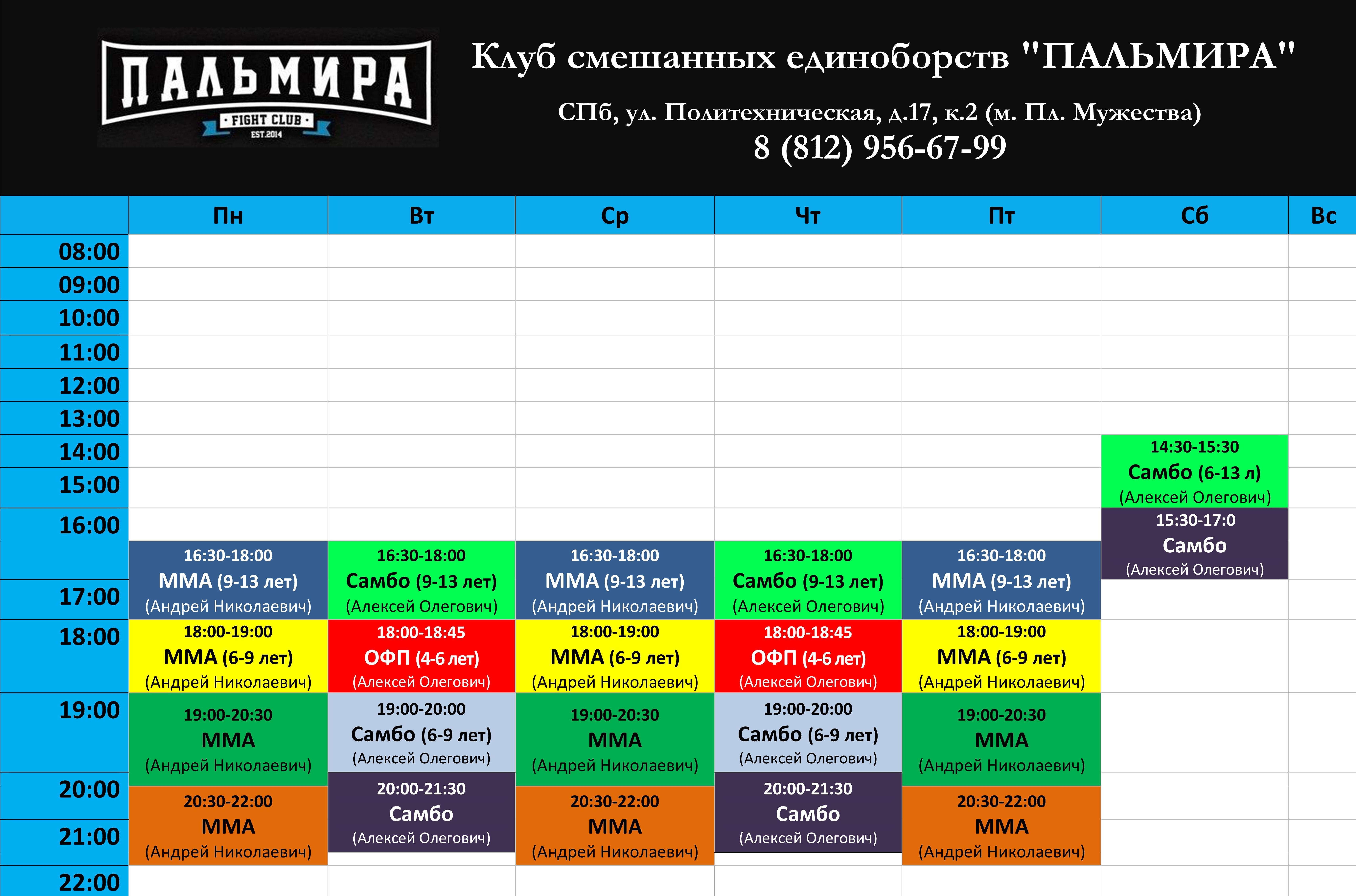 Клуб смешанных единоборств «ПАЛЬМИРА»Расписание зала на Политехнической -  Клуб смешанных единоборств «ПАЛЬМИРА»